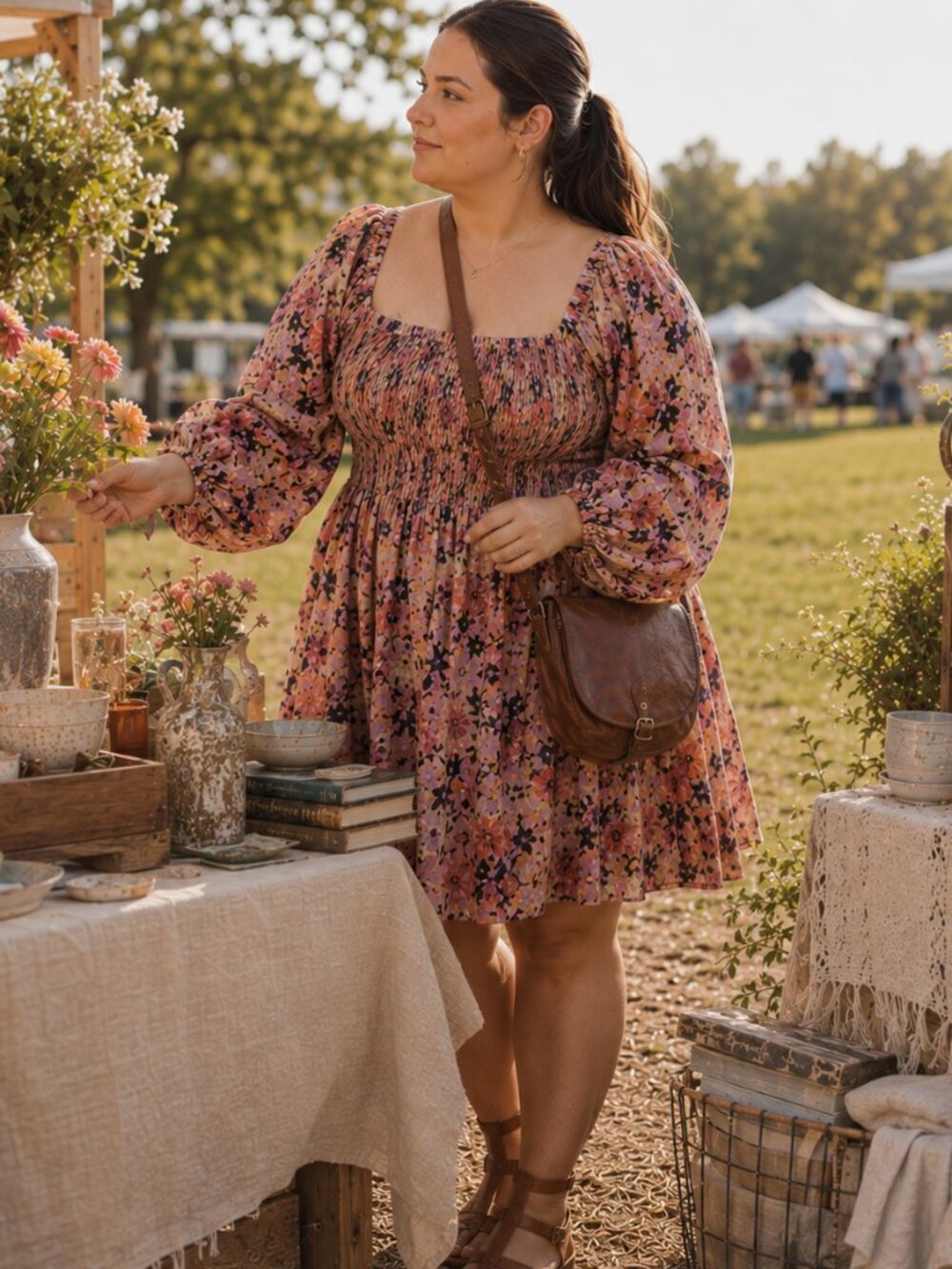 WRAY NYC Floral Smocked Puff Sleeve Cotton Mini Dress 4X Indie Designer Boho